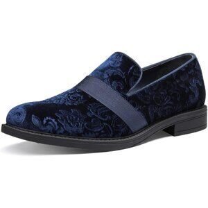 Bruno Marc Men's Blue Tuxedo Shoe Slip on Classic Patent Velvet Leather Loafers